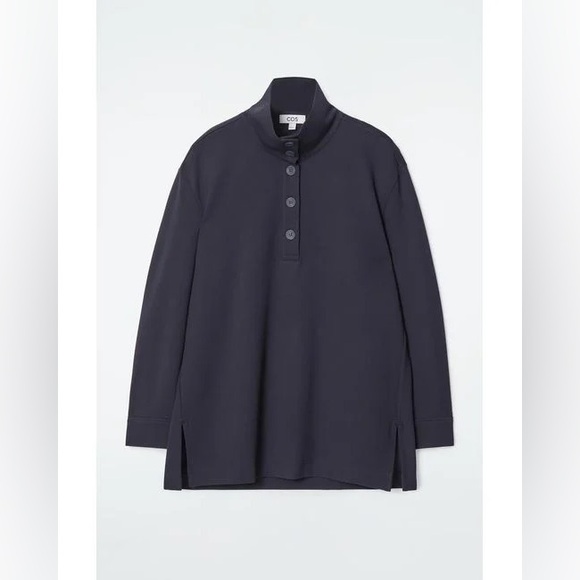 COS Buttoned Funnel-Neck Top - Blue - Picture 2 of 11